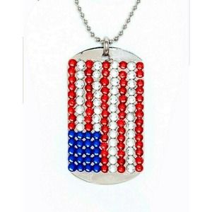 Patriotic Necklace American Flag Dog Tag Red White